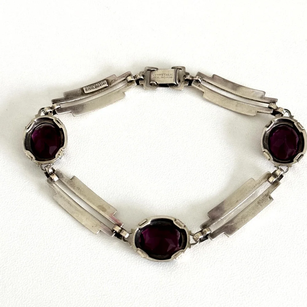 Symmetalic 925 Sterling Silver & 14K Gold Two Tone Purple Faceted Glass Bracelet